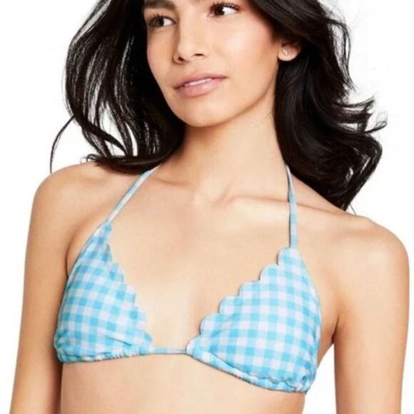 🚨4/$25 Stoney Clover Lane X Target Blue Gingham Scalloped Bikini Top Size Small - Picture 1 of 6